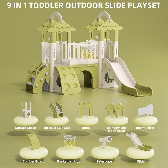 YUFU 9 in 1 Toddler Slide, Kids Slide with Double Climbers, Basketball Hoop, Tunnel and Storage Space, Indoor Outdoor Playset for Toddlers Age 1-3 (Green)