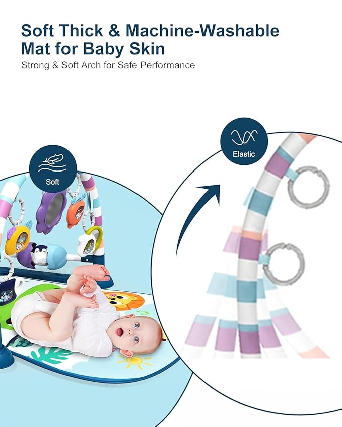 dearlomum Baby Play Mat Gym,Funny Play Piano Interactive Activity Mat with 5 Infant Sensory Toys & 4 Wrist Rattle Socks, Boy & Girl Gifts for Newborn 0 to 3 6 9 12 Months(Blue)