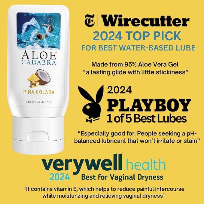 Aloe Cadabra Flavored Personal Lubricant & Vaginal Moisturizer, NSF Certified Organic Edible Aloe Lube for Men, Women & Couples, Non-Staining, pH Balanced, Toy Compatible (Pina Colada, 2.5oz, 2 Pack)