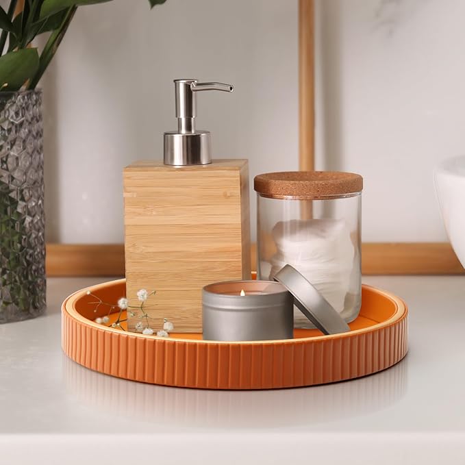 Leather Tray Desktop Storage Organizer, Round Valet Tray, Orange | Premium Serving Trays Decorative Tray Desk Organizer for Sundries Cosmetics Phone Wallet Keys Cutlery, 10x10in