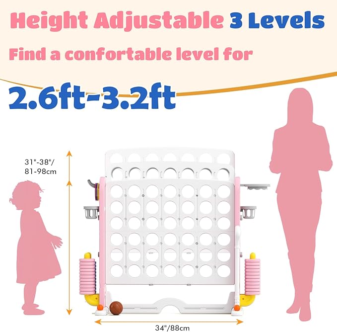 Giant 4 in-A-Row Connect Game Set, Adjustable Height Jumbo Yard Game with Basketball Hoop, Golf, Mesh Pocket & Ring Toss, Indoor Outdoor Family Backyard Party Game for Kids and Adults (Pink-White)