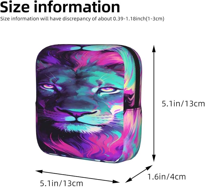 Portable Sanitary Napkin Pouch Rainbow Neon Lion Purple, Cute Polyester Feminine Care Bag with Zipper, Ideal Gifts for Ladies Outdoor Travel