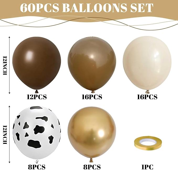 Brown Cow Balloons, 60Pcs 12 Inch Cow Print Coffee White Metallic Gold Latex Balloon, Tan Nude Neutral Beige Helium Balloons for Farm Western Theme Cowboys Cowgirls Birthdays Baby Shower Party Decor