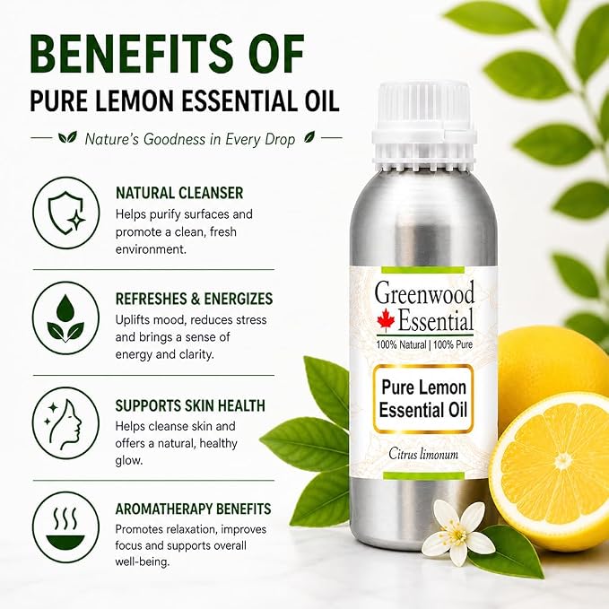 Greenwood Essential Pure Lemon Essential Oil (Citrus limonum) Steam Distilled 1250ml (42.2 oz)