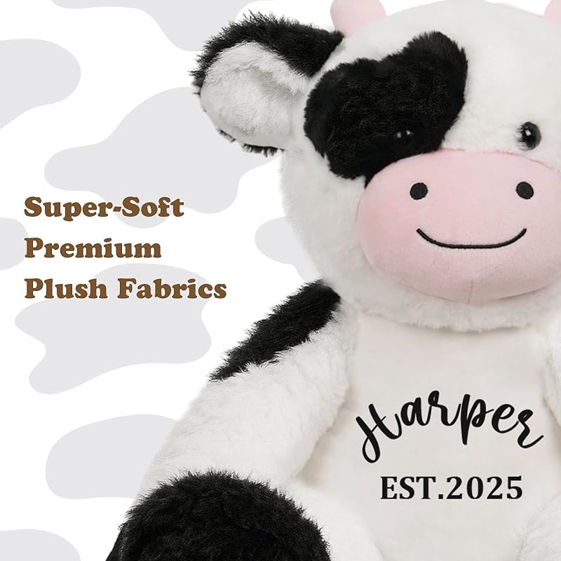 Personalized Cow Stuffed Animal, Milk Cow Plushie with Custom Name Date Message, 13.5" High 9.8"Width Black White Cows Soft Cuddle Gift for Baby Toddler Boy Girl Kids