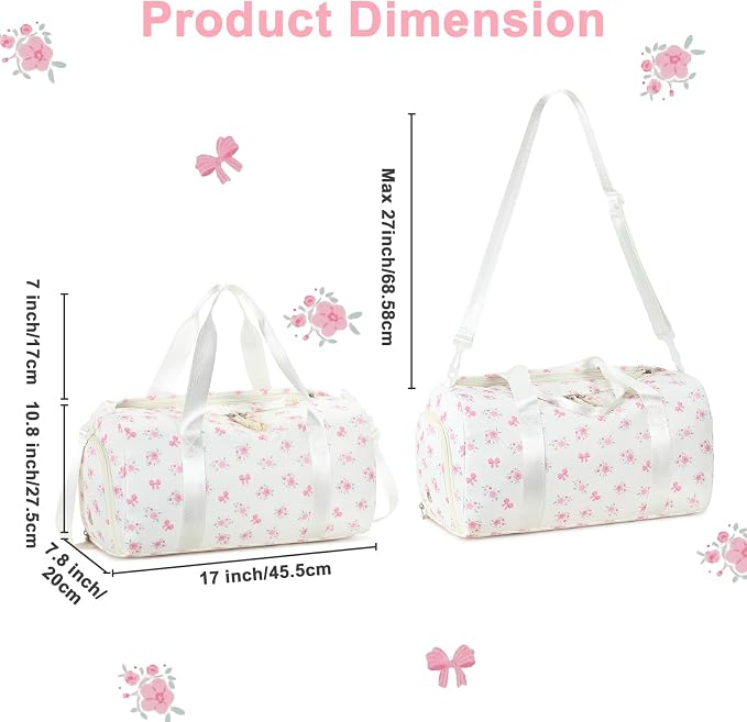 Gym Bag Sports Duffle Bag with Wet Pocket Weekender Overnight Bags with Waterproof Shoe Pouch and Air Hole for Girls Kids Women Workout Travel Bags (Bow Flower-Beige)