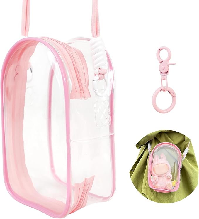 PVC Protective Case for Lububu 17cm Plush Doll, Blind Box Doll Display Case for Lafufu, Clear Hanging Storage Bag Keychain, Doll Clear Bag Carrying Bag for Figures (Pink)