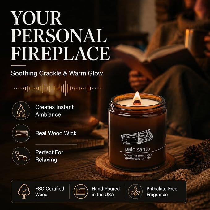 Hemlock Park Palo Santo Apothecary Scented Candle | Crackling Wood Wick, Botanical Fragrance & Coconut Apricot Wax | Up to 60 Hour Burn Time | 8 oz | Made in USA
