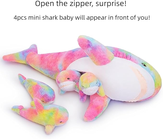 Giant Shark Stuffed Animals Plush, Large Shark Plush Pillow with 4 Little Sharks, 100cm/39.4inches Colorful Sharks Plush Toy Gifts for Kids(Pink)