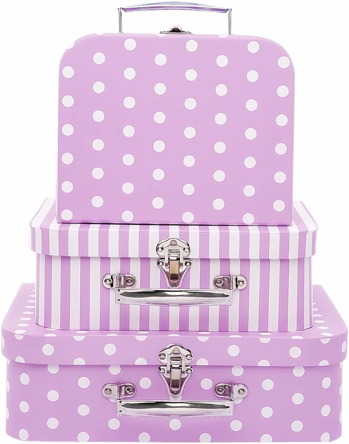 Paperboard Suitcases Set of 3, Cute Storage Box Nesting Gift Boxes with Lids for Christmas New Year, Wedding Birthday Party Home Decor, Mini Suitcase Favor Box (Purple Dots and Strips)