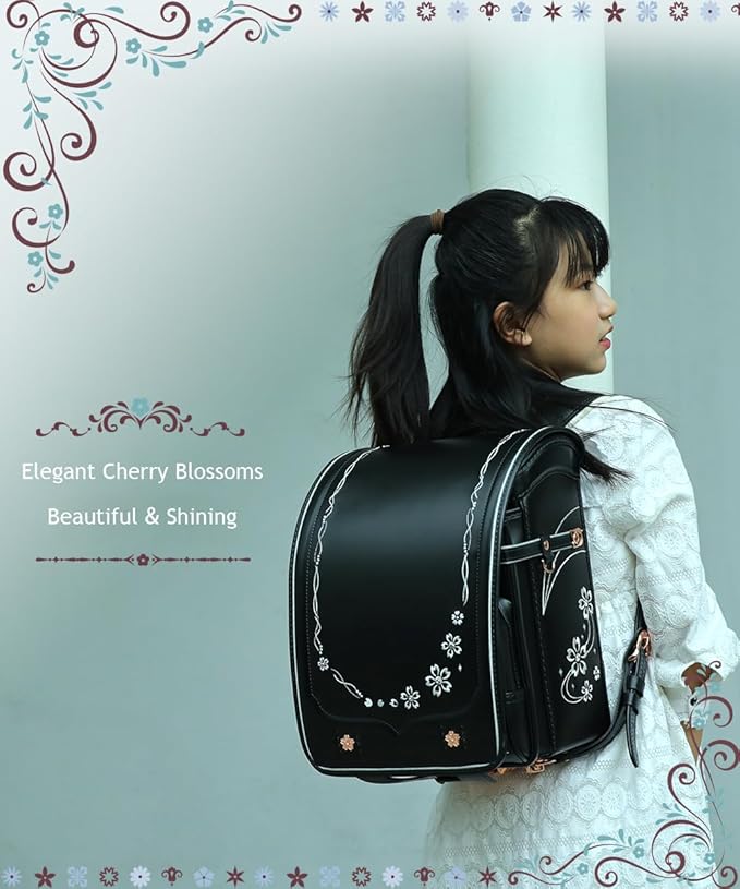 IwaiLoft Ransel Randoseru Backpack Automatic Satchel Japanese School Bag Cherry Blossom Sakura Embroidery PU Bookbag for Girls (Black)