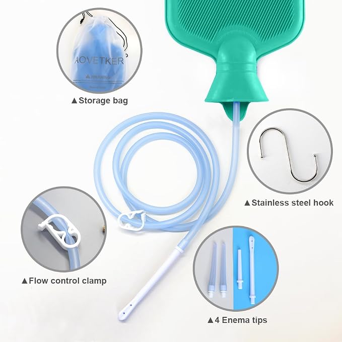 Enema Bag Kit for Women & Men, Colon Cleanse Enema Bag 2L with 4 Tips & Flow Control Clamp, 5ft Hose, Hook, Storage Bag