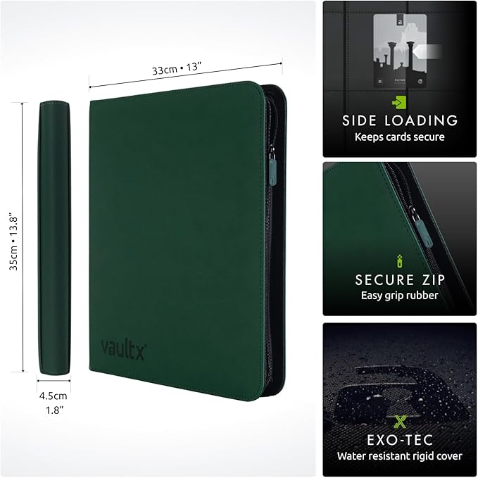 Vault X 12 XL Pocket Zip Binder, 624 Cards, Exo-Tec Material, 26 Side-Loading Pages (Green)