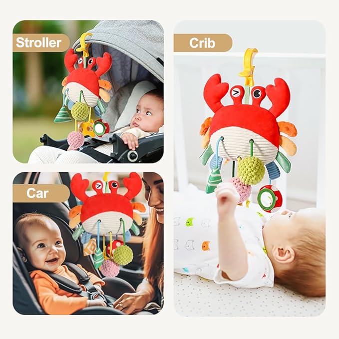 Crab Car Seat & Stroller Toy for Babies 0-12 Months, Sensory Hanging Toy with Rattle, Mirror, Squeaker, BPA-Free Pull Strings, Fine Motor Skills Baby Gift for Newborn Infant Boy Girl