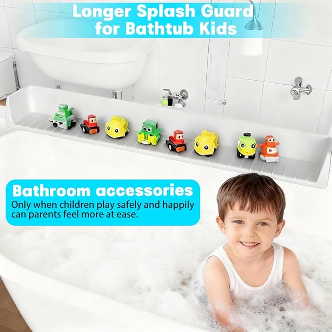 Extra Long White Bathtub Splash Guard Splash Guard Silicone Toy Shelf Holder Prevent Water Spills Kid Bath Tub Accessories (2.6FT, White)
