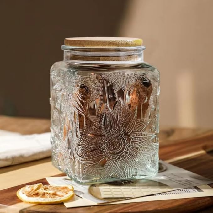 Square Glass Jar with Lid, 25.3oz Vintage Coffee Canister | Glass Food Storage Container for Ground Coffee, Tea, Sugar, Candy, Decorative Glass Jar, Cute Jar