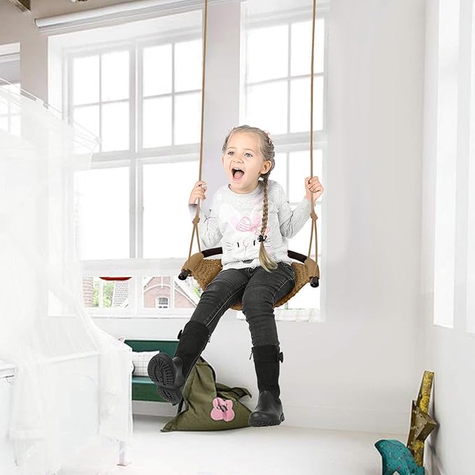 JKsmart Toddler Swing, Swing Seat for Kids Heavy Duty Rope Play Secure Children Swings Set, Perfect for Indoor,Outdoor,Playground,Home,Tree,with Snap Hooks & Straps,440 lbs Capacity, Light Brown