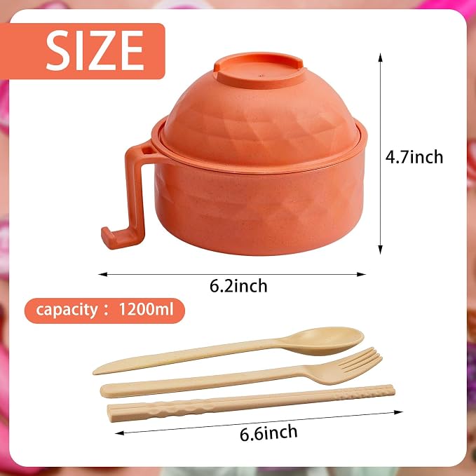 1 Set Microwave Ramen Cooker 40oz Wheat Straw Microwave Noodle Bowl Set with Chopsticks, Spoon, Fork, College Dorm Office Apartment Essentials (Orange)