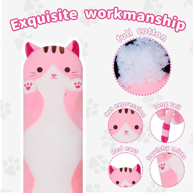Long Cat Body Pillow for Kids, Cute Cat Stuffed Animals Gifts for Girls, Long Cat Plush Toy for Birthday, Soft Cat Plushies Pillow Without Wings (Pink, 19.6in/50cm)