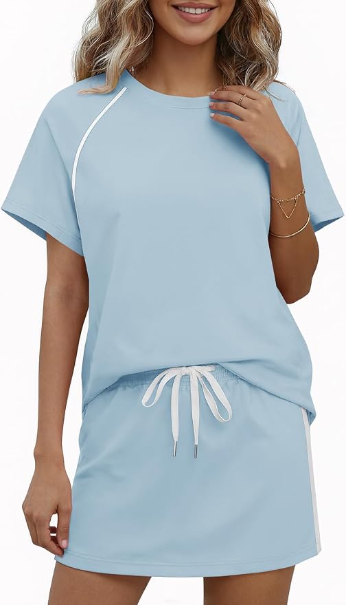 Womens 2 Piece Skirt Sets Summer Tennis Outfits Vacation Skort Set | Two Piece Sets, Short Set, Athletic Workout Golf Outfits, Crew Neck, Color Block, Drawstring, Workout Mathcing Lounge Sets