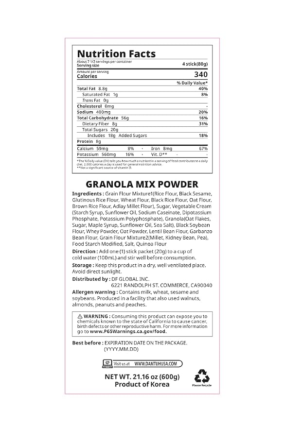 Damtuh Misugaru Powder Drink Mix – Korean Multigrain Granola Blend with Oats, Quinoa & Black Sesame, Roasted Grain Latte-Style Drink, 20g x 30 Stick Packs