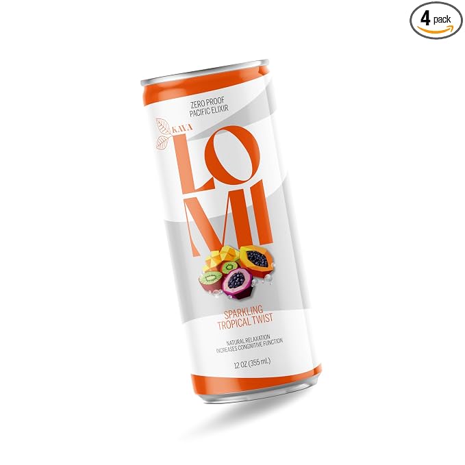 LOMI Zero Proof Pacific Elixir Sparkling Tropical Twist, Natural Relaxation Kava Drink with Adaptogens, Low-Calorie, Gluten-Free, Vegan, 12 fl oz, 4 Pack (Standard, Tropical Twist)