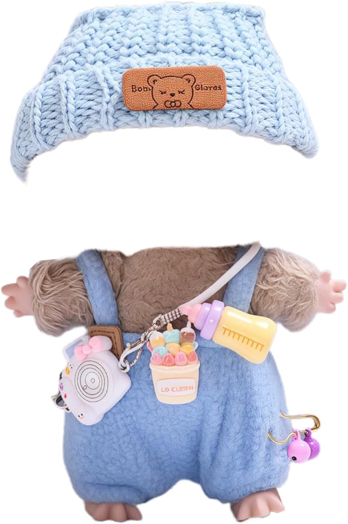 Designer Clothes for 15cm/17cm Dolls, Doll Knit Outfit Accessories with Blue Sweater Overall, White Camera and Beanie, DDK-Blue