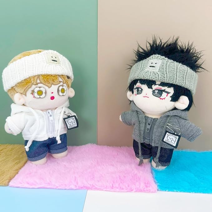 niannyyhouse 10cm-15cm Plush Doll Clothes Headband Coat Jeans Compatible with 17cm Labubu Doll (White+Black)
