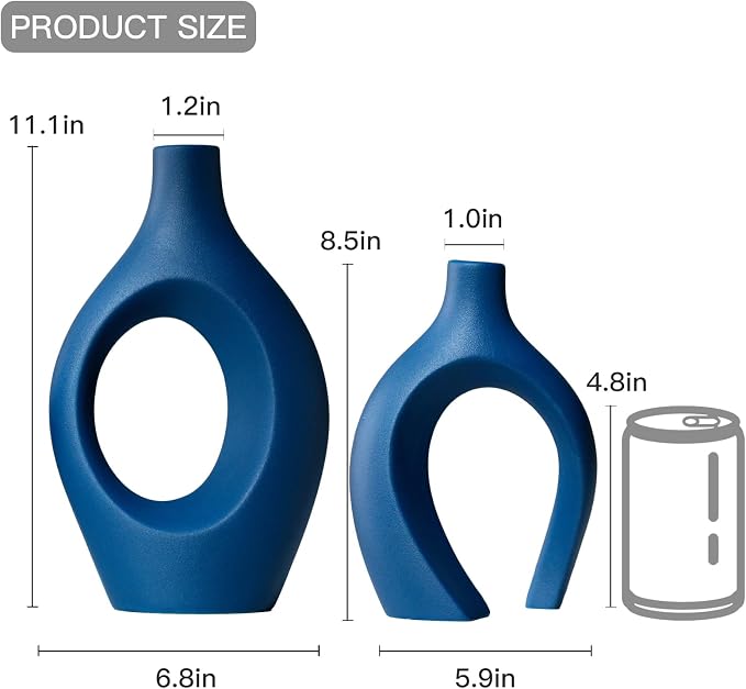Lvases Blue Snuggle Hollow Ceramic Vase Minimalist Decorative Vases of 2 | 11 Inch Nordic Boho Decor Home Flower Vases for Living Room Coffee Table, Bookshelf Mantle & Entryway Pampas Grass Display