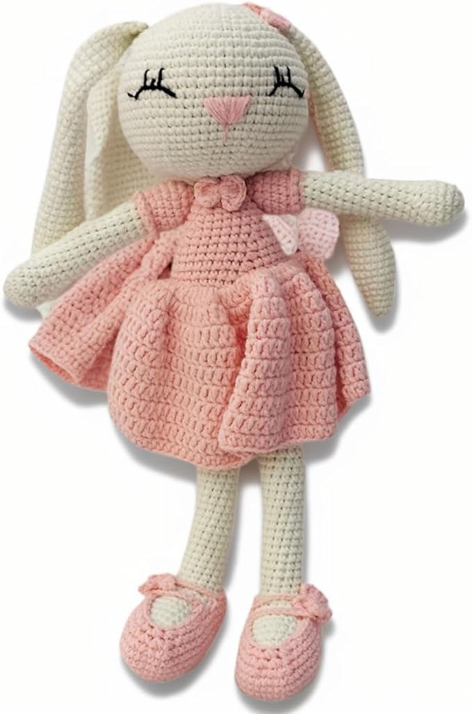 Knitted Stuffed Animal for Baby, Lop Eared Rabbit, Pink Dress Crochet Rabbit Baby Toys, Rattle Bunny Sleeping Toy for 3 4 5 Year Old Girl(10.6 Inches)