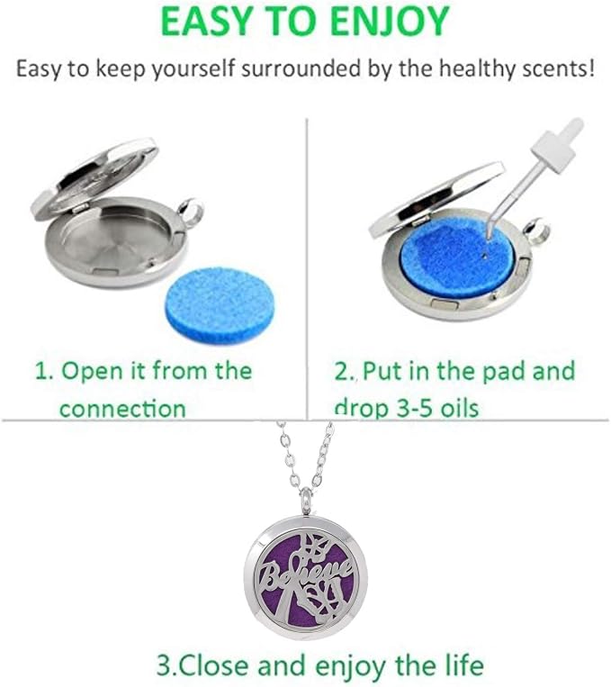 Aromatherapy Essential Oil Diffuser Stainless Steel 30MM Silver Magnetic Locket Pendant 2 Sizes Chain Necklace, Refill Pads & Diffuser Bracelet in a Velvet Bag (Believe)