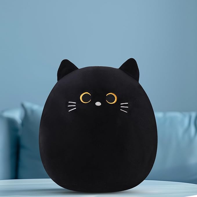 SQEQE Cat Plush Pillow Kawaii Cat Stuffed Animal Fluffy Cartoon Cat Plushies Cat Plushie Doll Toys Soft Cat Shape Design Stuffed Animals Gifts for Kids(Black, 10 inch)