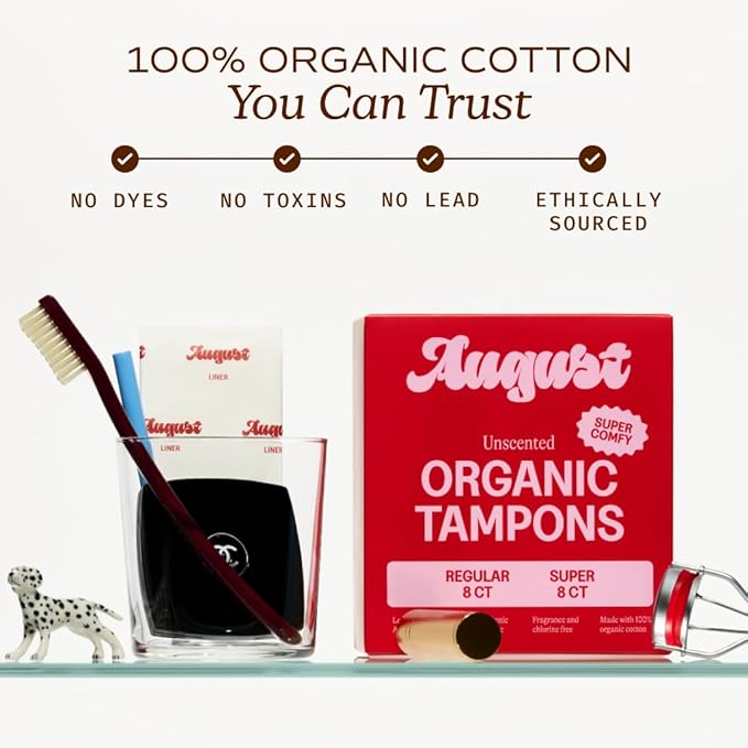 August Regular and Super Tampons - Easy-Glide Long Applicators - 96-Pack (6 Packs of 16) 100% Organic Cotton Tampons for Women, Non-Toxic, Fragrance-Free, and Hypoallergenic