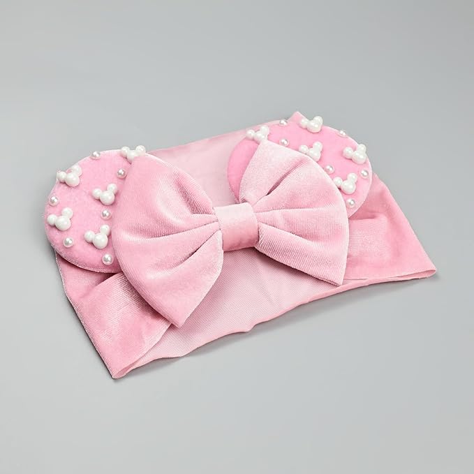 JIAHANG Baby Girl Pink Velvet Mouse Ears Turban Headband with Pearls, Beaded Velvet Hair Bow Hairband for Infants Toddlers Kids