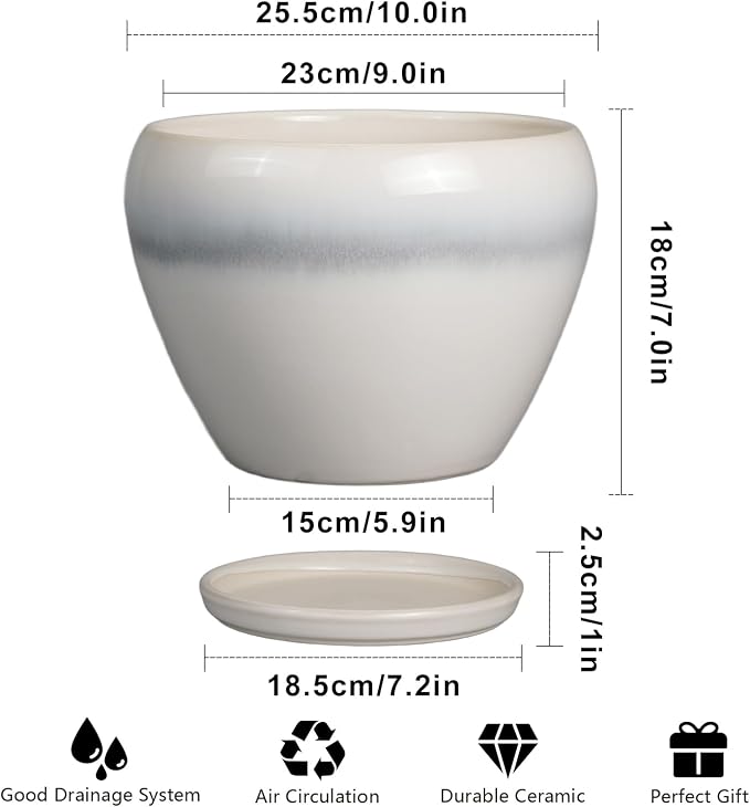 Ceramicfor 10 Inch Ceramic Planter Pot - Large Plant Pot with Drainage Hole and Saucer Round Flower Pot for Indoor Plants, White