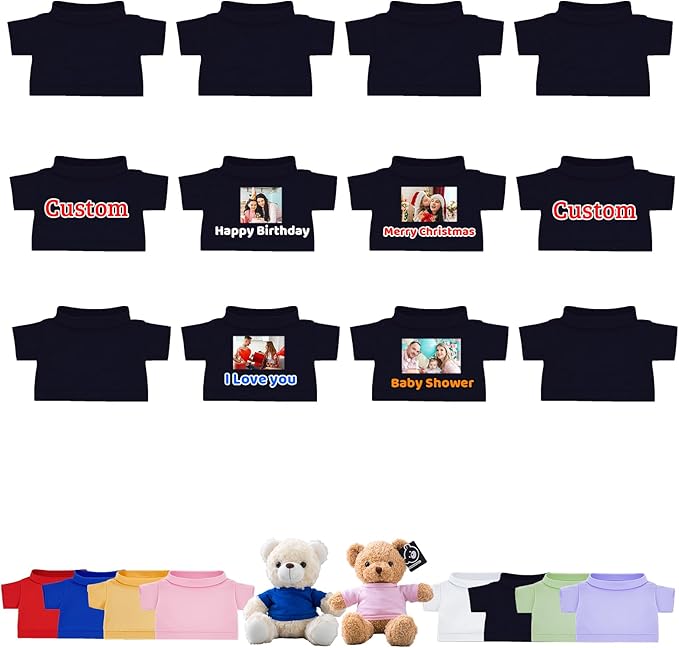 12 Pcs Custom Teddy Bear Clothes with Name Photo, Personalized Stuffed Animal Clothes for Teddy Bears Fit 8-16inch Stuffed Bear Clothing, Custom Doll Outfit Make Your Own Plush Doll Shirt