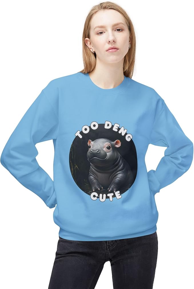 Unisex Fleece Crewneck Sweatshirt - Too Deng Cute Moo Deng Hippo, Cozy Cotton Blend, Classic Relaxed Fit