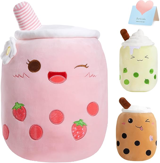 Athoinsu Pink Strawberry Boba Tea Plush Pillow 20'' Giant Kawaii Stuffed Bubble Animal Toy Birthday Christmas Holiday Valentines Gifts for Kids,Girls,Boys