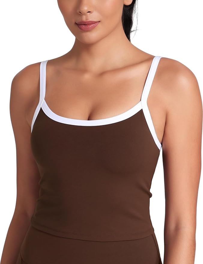 HeyNuts Vintage Color-Block Strappy Crop Tank Top for Womens, Cute Contrasting Trim Yoga Longline Sports Bras Padded A-D Cups