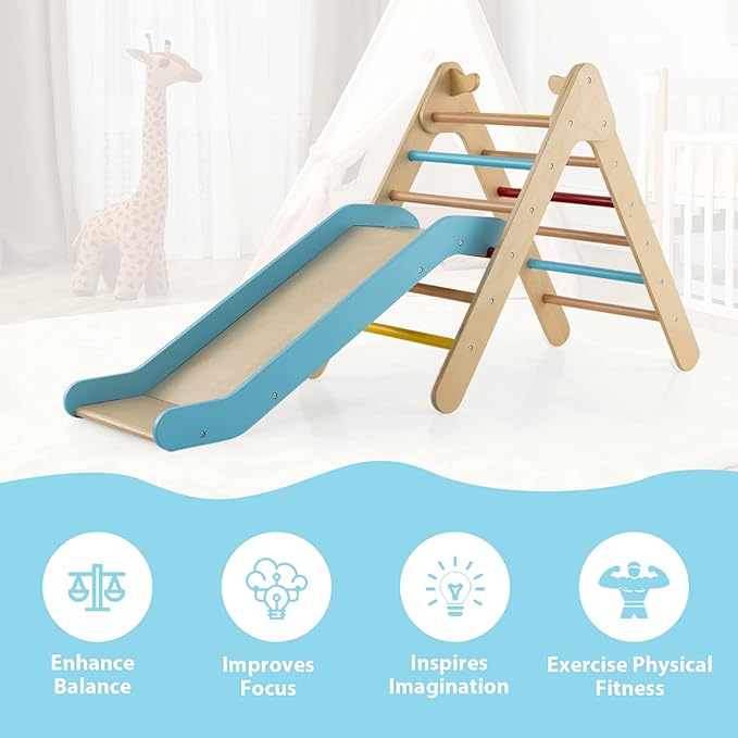 OLAKIDS Pikler Triangle Set 2 in 1 Climbing Toys for Toddlers Foldable Wood Montessori Baby Jungle Gym with Ladder Ramp Slide Kids Indoor Playground Activity Play Structure