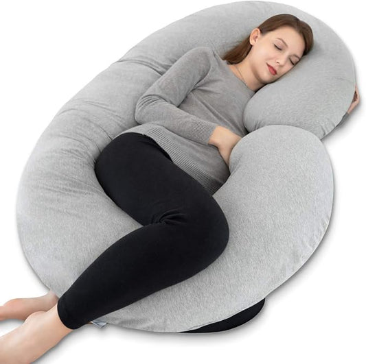 INSEN Pregnancy Pillow for Sleeping, Maternity Pillow with Jersey Cotton Cover,C Shaped Body Pillow for Pregnant (Natural Gray)