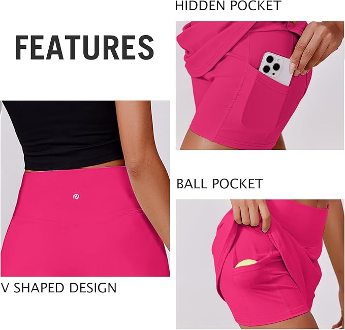 PINSPARK 14" Womens Tennis Skirt High Waisted Golf Skort with 2 Pockets | Built-in Shorts, A Line, Tummy Control, Stretchy, Casual, Mini, Workout, Pickleball, Running, Skort for Woman