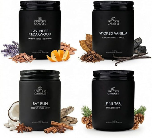 Men's Candle Gift Set; 4 x 8oz Scented Candles; Bay Rum, Pine Tar, Smoked Vanilla, Lavender Cedarwood; 200 Hours Burn Time; Matte Black Glass Jars; Premium Black Gift Box by Spotless Candles