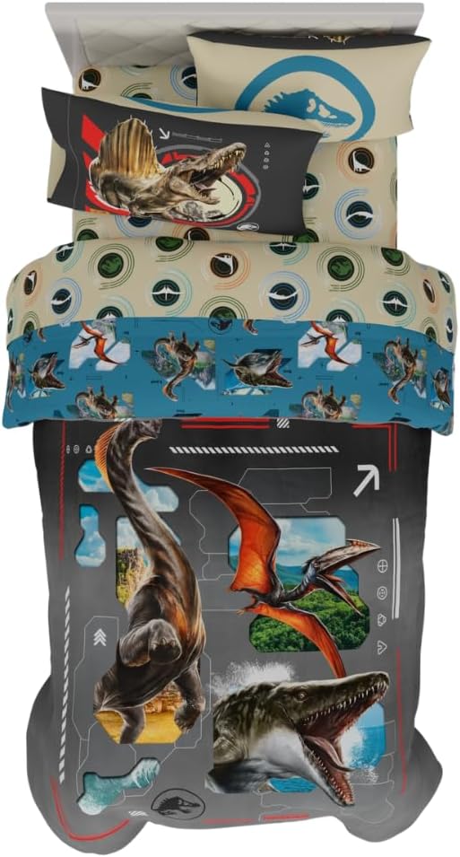 Jurassic World Rebirth Kids Bedding Super Soft Cozy Microfiber Comforter and Sheet Set, 4 Piece Twin Size, (Officially Licensed Product) by Franco