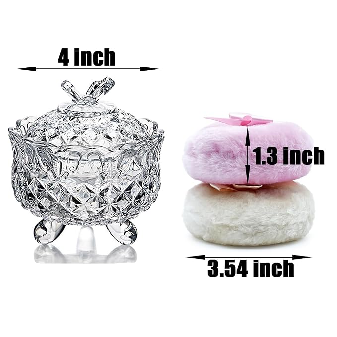 Luxury 4 Inch Glass Loose Powder Container with 2 Soft 3.5" Puffs｜Non-Sealed Refillable Organizer Storage for Body Powder Makeup & Jewelry & Setting Applicator(Butterfly-Clear)