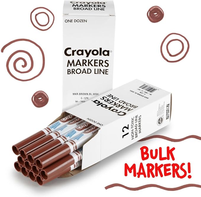 Crayola Broad Line Washable Markers, Broad Bullet Tip, Brown, 12/Box