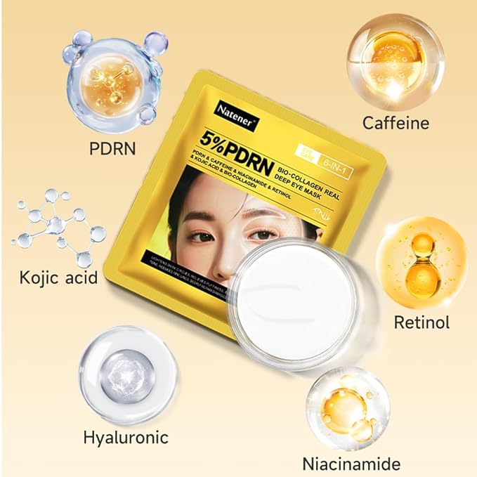 4 Pairs 5% PDRN Under Eye Patches, 6-in-1 Bio-Collagen 360° Eye Patches for puffy eyes, dark circles & Wrinkle | 2% Caffeine, Kojic acid, Retinol, Hyaluronic, Niacinamide | Korean Popular Eye Mask