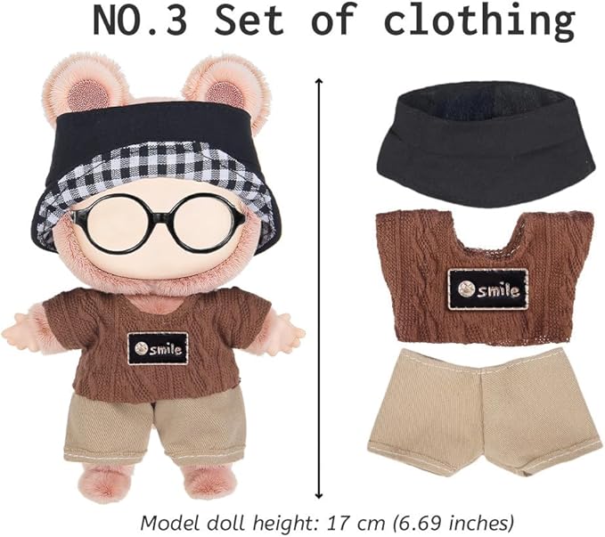 ebuddy 6 Sets 17cm Plush Dolls Clothes - Dress Up Doll Clothing Set Replacement Outfit Collection with Hats & Accessories (No Doll No Glasses)