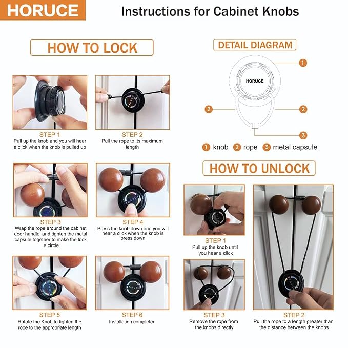5 Pack Cabinet Locks Baby Proofing For Knobs & Handles, Length Adjustable Child Safety Locks, Easy to Use Safety Child Locks No Drill No Screws No Adhesive No Magnets No Tools. (Black)