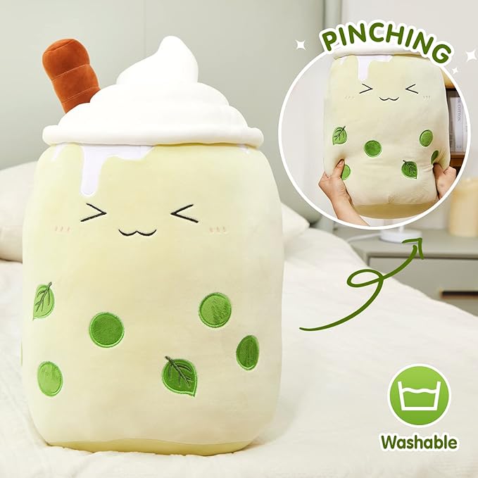Athoinsu Green Boba Tea Plush Pillow 20'' Giant Kawaii Matcha Milky Stuffed Bubble Animal Toy Birthday Christmas Holiday Valentines Gifts for Kids,Girls,Boys